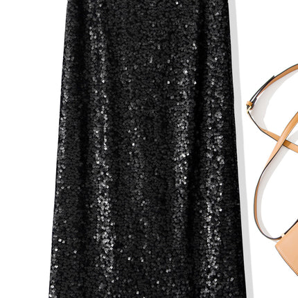 B2073 2025 spring women's new fashion sequined overskirt elastic waist figure mid-length skirt