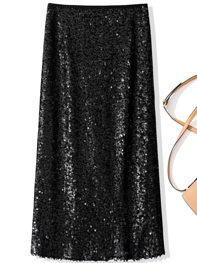B2073 2025 spring women's new fashion sequined overskirt elastic waist figure mid-length skirt