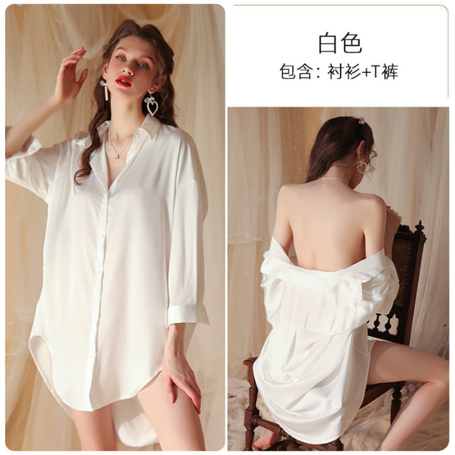 Sexy Pajamas Women 2024 Summer Shirt Dress Boyfriend Wind Long Charming Nightgown Lace Shorts suit Women