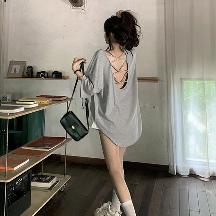 Cross Backless Short-sleeved T-shirt Women's Summer New Arrival Laid-back Loose Casual Design Hot Girls Chic Trendy Top