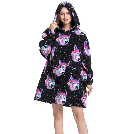 Cross-border New Printed Flannel Pullover Adult Cotton Velvet Lazy Clothing Cape Nightgown Warm Thickened Cold-proof Clothing