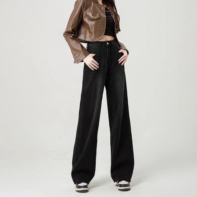 Black Grey High Waist Wide Leg Jeans Women's Straight Loose Trendy All-match New Casual Slim-fit Long Pants