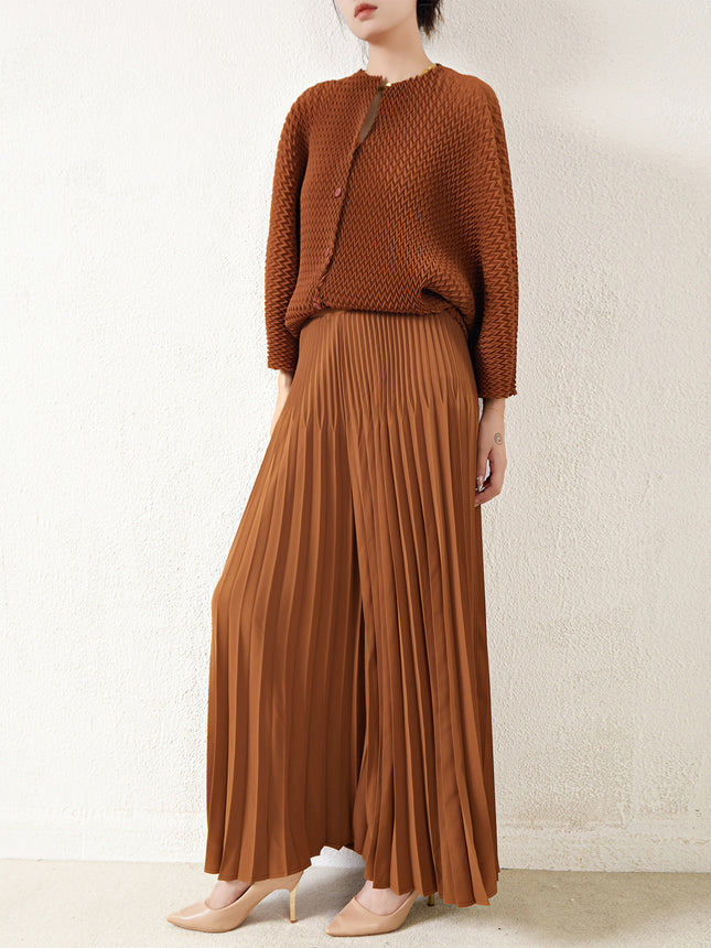 Miyake Fashion suit Women's Autumn Niche Design Sense V-shaped Pleated Batwing Shirt Top Pleated Large Pant Skirt Two-piece Set