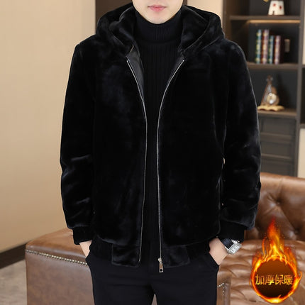 Autumn and Winter New Mink Velvet Jacket Men's Hooded Thickened Warm Cold-proof Zipper Jacket Solid Color Fur Hood