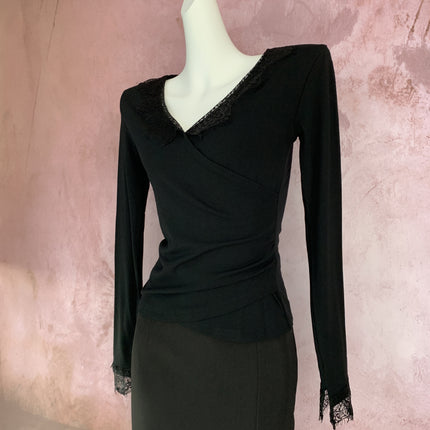 Ancola Red Sexy Pure Desire Style Lace Top Autumn and Winter New Brushed fleece-lined Thickened Cross V-neck Base Shirt