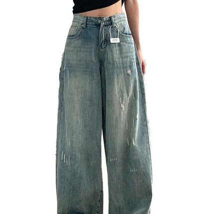 Washed-Out Denim Wide-Leg Pants for Women, High-Waisted, Plus-Size, Hip-Covering, Straight-Cut, Slimming, Floor-Length Trousers