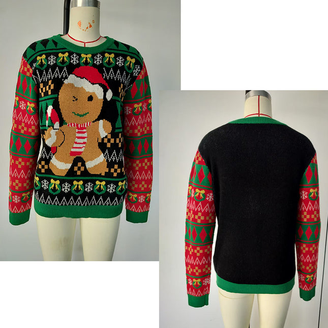 European and American Cross-Border Family Wear Cute Gingerbread Man Pullover Sweater for Women Autumn and Winter Long-Sleeved Green Loose Christmas Sweater