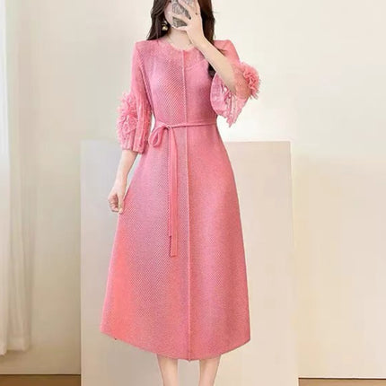 2026 New Early Autumn Issey Miyake Fashion-Inspired Floral Bud Skirt, Loose Slimming Dress, Hand-Pressed Crinkle Dress for Women