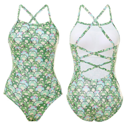 New One-Piece Swimsuit for Women, Sexy Hot Girl Frog Print, Fresh and Conservative Hot Spring Professional Racing Swimsuit