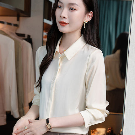 2026 Spring and Autumn Women's Silk Shirt, Solid Color, Turn-Down Collar, Long Sleeve, Real Silk Blouse, Office Professional Top