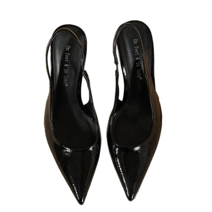 Summer New Simple Black Patent Leather Toe-Cap Sandals for Women, Pointed Toe, Fashionable and Versatile, Simple Back Hollow Casual High Heels