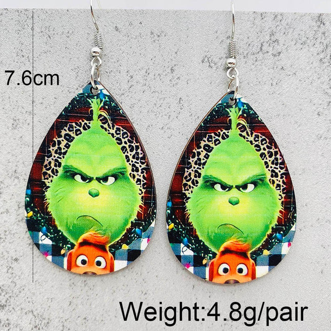 Cross-border new European and American Christmas Grinch wooden earrings green fur strange Christmas gift drop wooden earrings earrings
