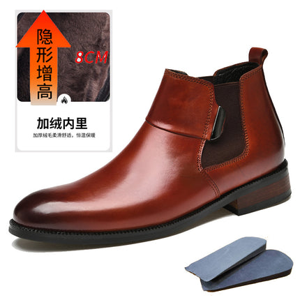 High-grade winter business leather boots suit British first layer cowhide light luxury casual slip-on height increasing Chelsea boots men's boots