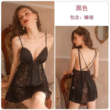 2026 New Sexy Sleepwear for Women, Summer Lace Camisole, Ice Silk Hot Girl Nightgown with Chest Pads, Pure Desire Style, High-End Feel