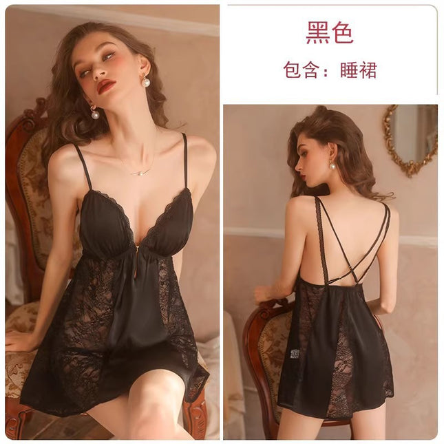 2026 New Sexy Sleepwear for Women, Summer Lace Camisole, Ice Silk Hot Girl Nightgown with Chest Pads, Pure Desire Style, High-End Feel