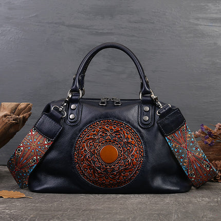 Embossed Totem Tote Bag in Vegetable-Tanned Leather for Women, Commuter Handbag, Large Capacity Shoulder Crossbody Dumpling Bag