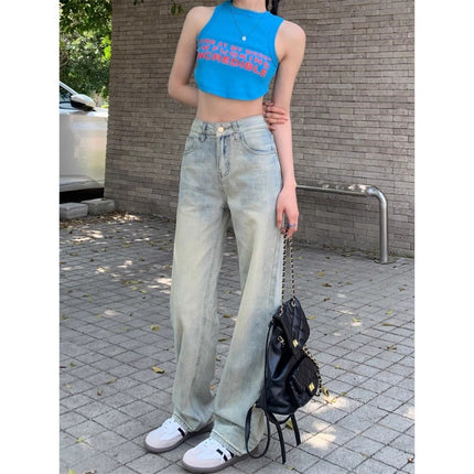Mud Yellow Straight Leg Jeans Women's Trendy All-match High Waist Slimming Loose Flesh Covering Old Design Sense Wide Leg Pants