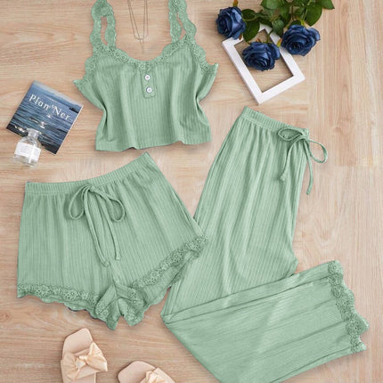 Lace Trim Three-Piece Set: Camisole, Shorts, Long Pants, Women's Slim-Fit Loungewear, Brushed Sleepwear