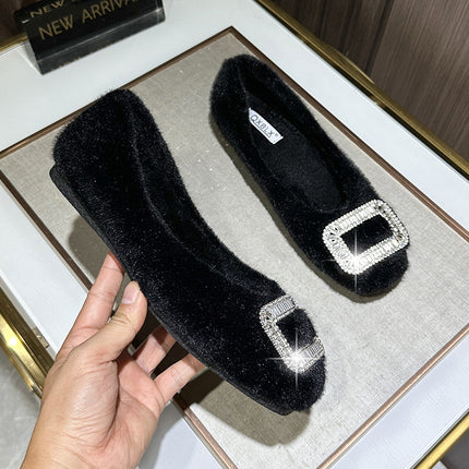 2025 Winter New Furry Shoes for Women, Winter Infrared Wear Fleece-Lined Bean Shoes, Black Cotton Scoop Shoes, Flats Warm Singles