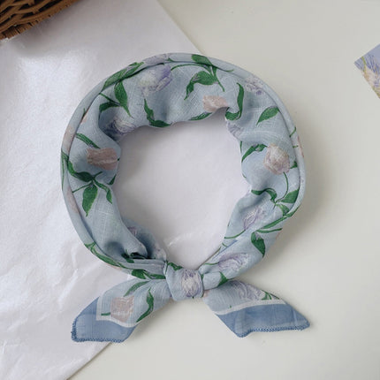 Soft Breathable Cotton Linen Small Square 58x 58cm New Artistic Printed Air Conditional Room Neck Protection Scarf Women