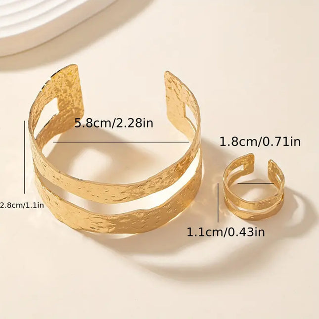 European and American Style Double-Layer Open Bracelet for Women with Hammered Design, Minimalist Style, Metallic Texture, Adjustable Bracelet and Ring