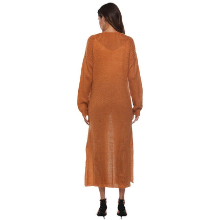 Mohair cardigan cross-border European and American wool cardigan autumn women's coat split large pocket thin coat long multicolor