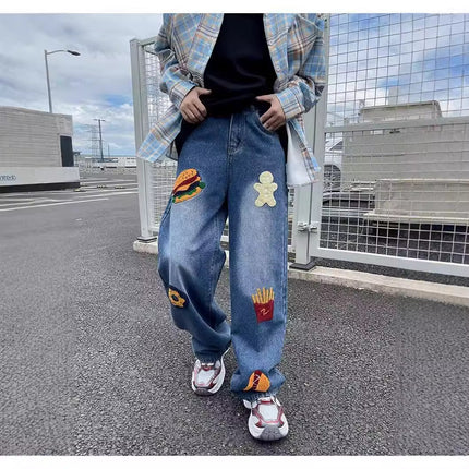 Design Sense Creative Hamburger Towel Embroidered Jeans Men's and Women's Slimming vintage Loose High Street Wide Leg Pants