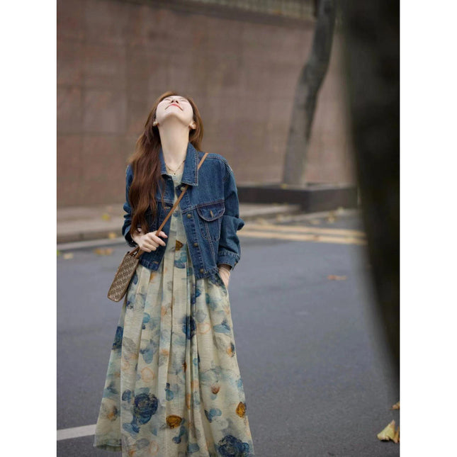 Spring 2025 new salt light cooked wind fashion age-reducing ink painting dress with Denim short coat two-piece set