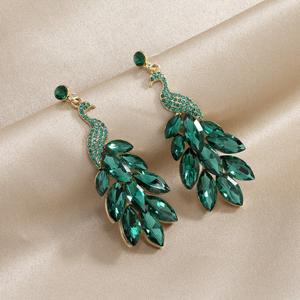 European and American Exquisite Fashion Crystal Ear Jewelry Retro Indian Exotic Ethnic Style Earrings with Diamond Green Peacock Earrings