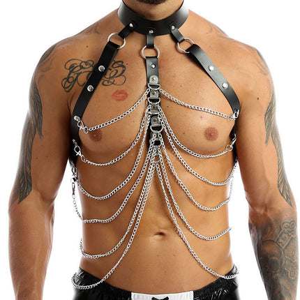 Amazon Hot Sale Sexy Metal Chain Body Chain Chest PU Leather Tie Bodice Tie Belt Clothes in stock