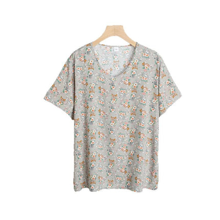 Retro Style Cotton Short-sleeved Women's Middle-aged and Elderly Mother's Vest Printed Outer Wear Base-layer Shirt All-match Artificial Cotton Top