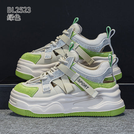 Hollow Mesh Panel Sneakers 2026 Summer New Trendy Hot-Selling Thick-Soled Height-Increasing Breathable Rhinestone Casual Sports Shoes for Women