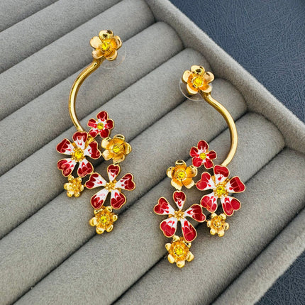Oscar European and American Style Long Retro Old Flower Enamel Earrings High-End Niche Design Asymmetric Earrings
