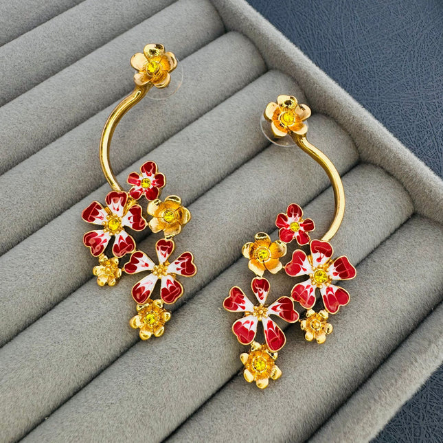 Oscar European and American Style Long Retro Old Flower Enamel Earrings High-End Niche Design Asymmetric Earrings