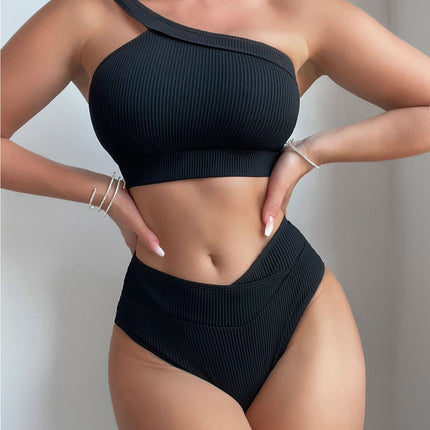 2025 New Bikini Cross-Border European and American Foreign Trade Solid Color Ribbed One-Shoulder High-Waisted Sexy Bikini Swimsuit Swimwear