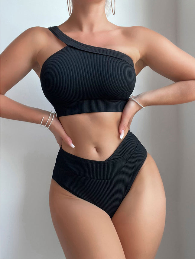2025 New Bikini Cross-Border European and American Foreign Trade Solid Color Ribbed One-Shoulder High-Waisted Sexy Bikini Swimsuit Swimwear