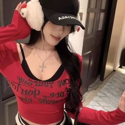 Pure Desire HoT Girl Red Square Neck Long Sleeve T-shirT Women's Spring Sexy Slim ShorT LeTTer PrinT Top BoTToming ShirT