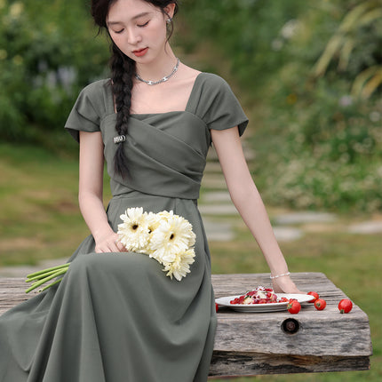 Summer New Style Gray-Green Slimming French Dress Women's Square Neck Waist Long Skirt Monet Garden