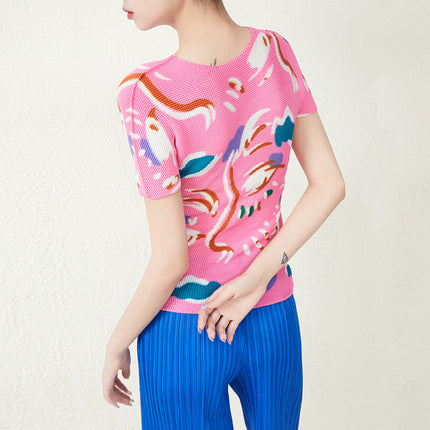 High-End Pleated Short-Sleeved Top for Women Summer Printed Slim-Fitting High-Elastic Tight-Fitting Large Size Garden Collar Accessible Luxury Miyake T-Shirt