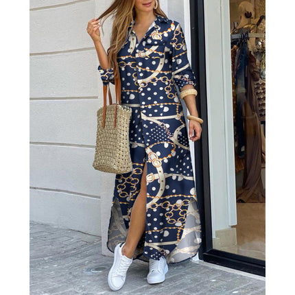 Amazon AliExpress Cross-border Women's New Fashion Long Sleeve Printed Shirt Dress Long dress