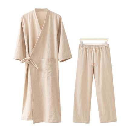 Spring and Summer Linen Cotton and Linen Chinese-Style Side-Breasted Bathrobe Bathrobe Home Wear Set Mid-Length Nightgown Bathing Spa Hotel
