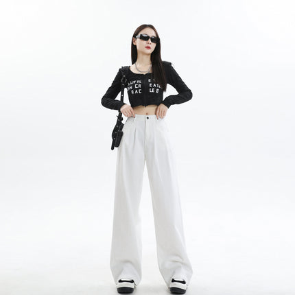 New Chinese Style Loose Jeans for Women in Autumn, New Hot Girl Pleated Design, Opaque White Drapey Floor-Length Wide-Leg Pants