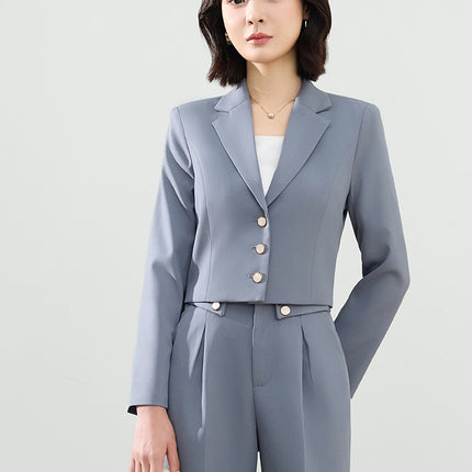 Cross-Border Gray Suit Set for Women, Spring and Autumn Short Style Professional Formal Wear, Hotel Front Desk Long-Sleeve Workwear Blazer