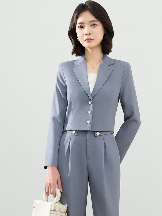 Cross-Border Gray Suit Set for Women, Spring and Autumn Short Style Professional Formal Wear, Hotel Front Desk Long-Sleeve Workwear Blazer