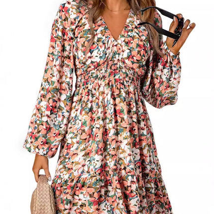 2025 Bohemian Floral V-Neck Long Sleeve Pleated Waist Casual A- Line Skirt with Swing Mini dress