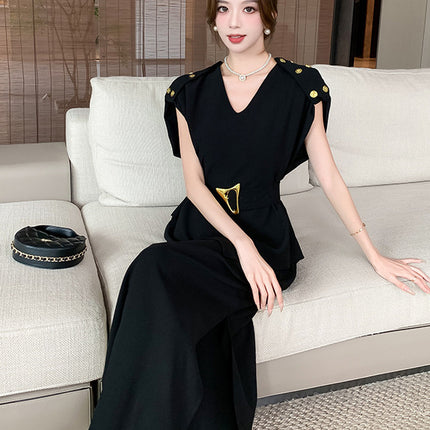 2024 cross-border black V-neck shows temperament irregular dress aura full-open light mature wind royal sister fan small black skirt