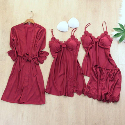 Wholesale New European and American Nightgown Black Home Clothes Four-Piece Set Fashionable and Comfortable Lace Pajamas Set Manufacturer