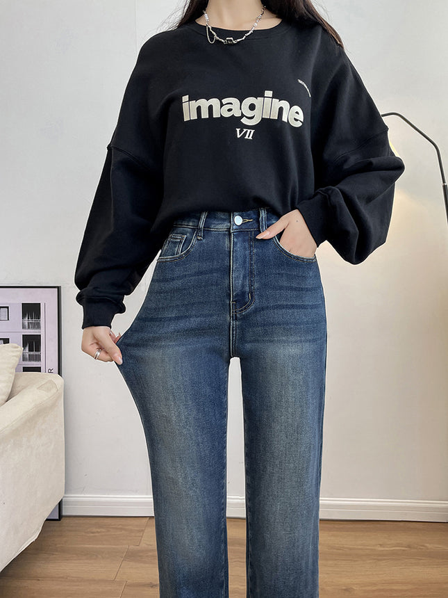 Narrow Wide-Leg Jeans for Women 2025 Autumn and Winter New Wide Elastic High-Waist Petite Draped Fleece-Lined Straight Floor-Length Pants