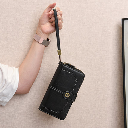 Foreign Trade New Fashion Women's Coin Purse Oil Wax Leather Handbag Long Zipper Mobile Phone Card Holder Short Coin