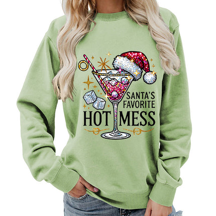 Amazon source hot mess wine glass printed round neck jacket sweater European size European and American women's coat long sleeve Asia